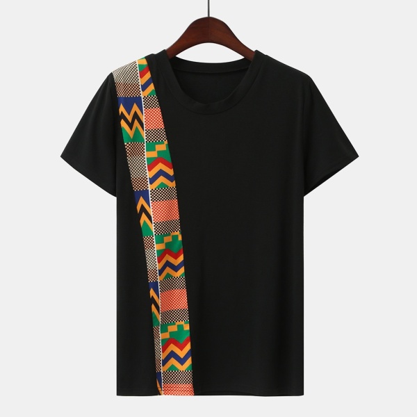 T-shirt noir à col rond, manches courtes incrusté bande motifs afrcains 5