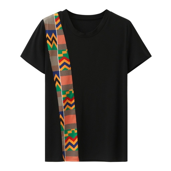 T-shirt noir à col rond, manches courtes incrusté bande motifs afrcains 6