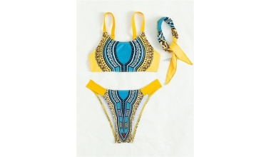 Maillot de bain imprimé Dashiki ensemble trois pièces, Bandeau, Soutien-gorge et Tanga 1