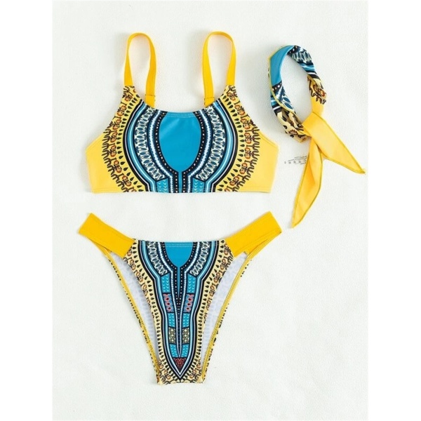 Maillot de bain imprimé Dashiki ensemble trois pièces, Bandeau, Soutien-gorge et Tanga 3