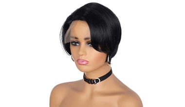 PORSMEER-Perruques-Femme-Naturelle-Synthetique-Cheveux-Noire-Courte-Bob-Wig-Lace-Frontal-avec-Frange-6-Pouces-150-Densite-0